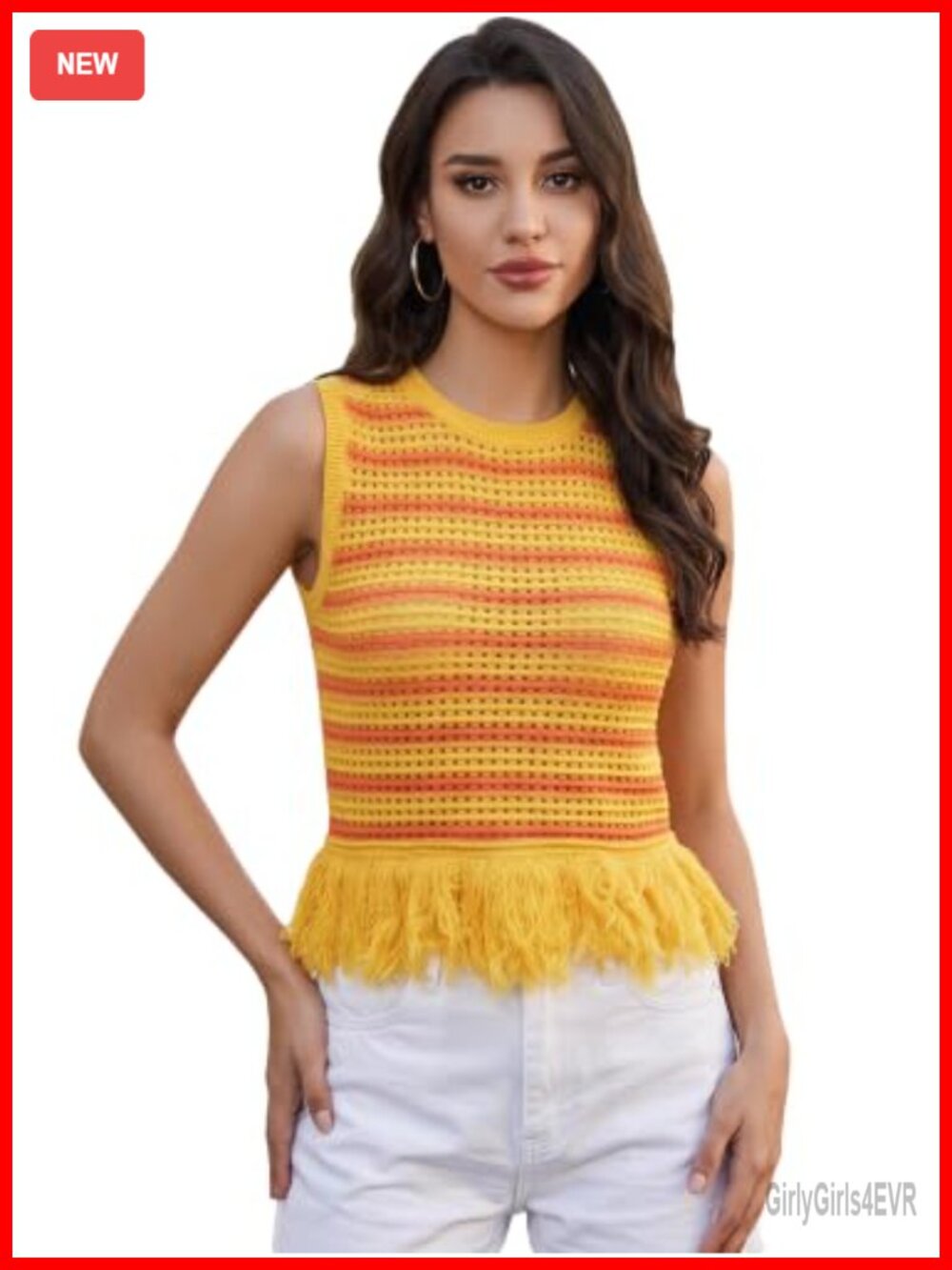 Striped Crochet Sweater Vest Boho Fringe Hollow Out Knit Tank Top